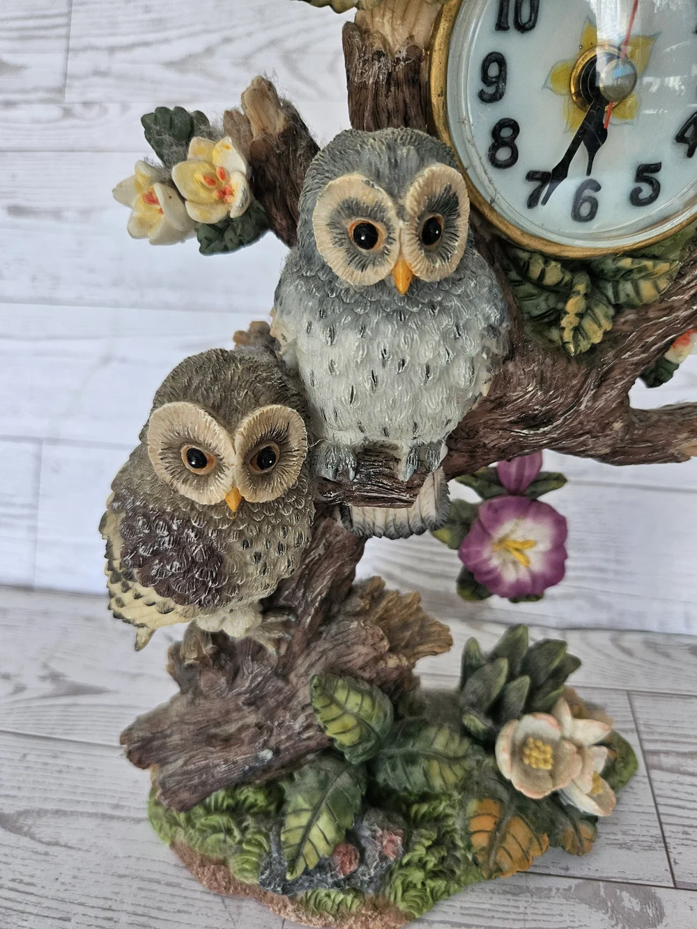 Vintage Resincraft Owl Table Clock - Hand-Painted Double Owls & Flowers Decor